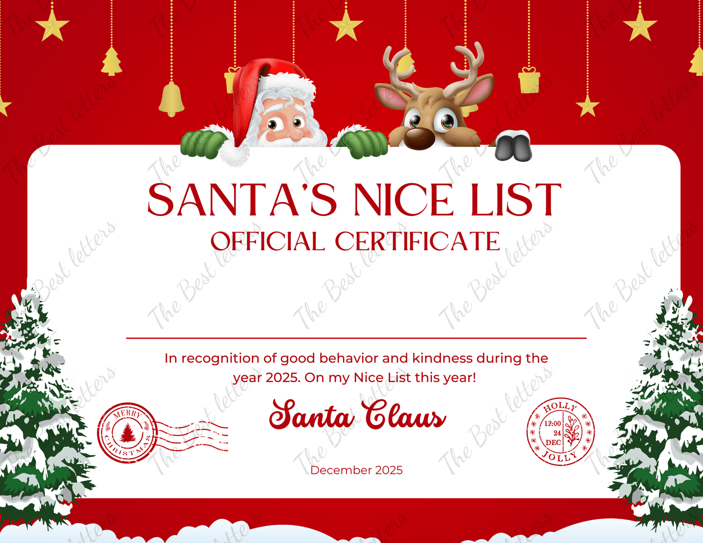 Santa’s Nice List Official Certificate with Santa and reindeer on a red background