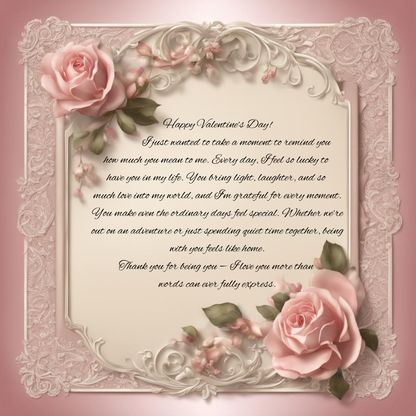 Valentine’s Classics Letter with pink roses and decorative text on a pink background