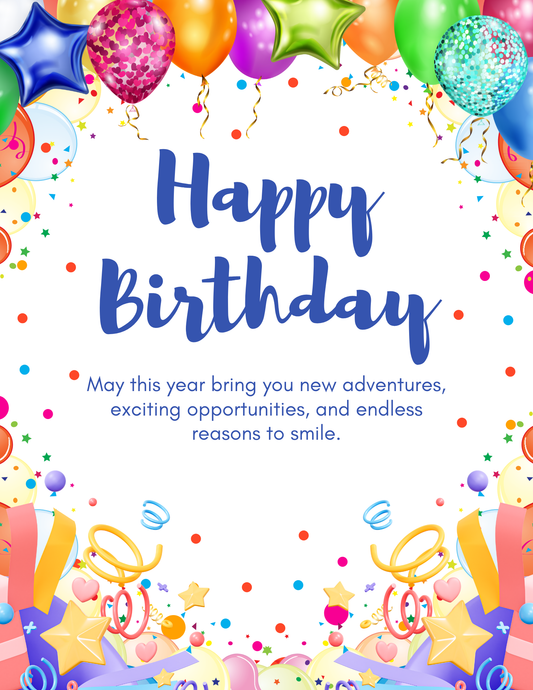 Happy Birthday! Blue and White Simple Happy Birthday Letters with Balloons