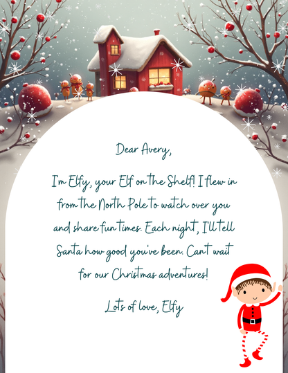Your Elf’s Home letter with a snowy house and trees in the background