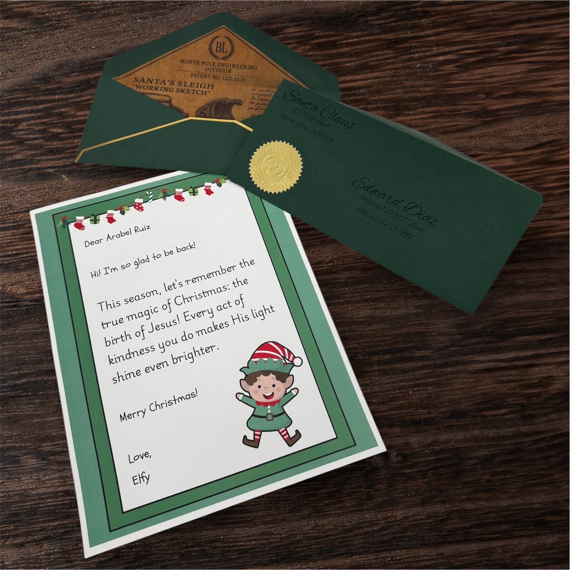 Green tier your baby elf is back letter with green envelop and wax seal