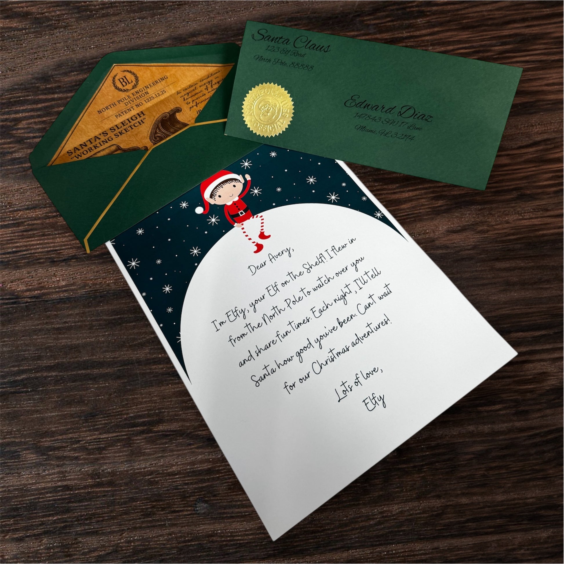 Modern Elf letter with envelope and stamp 