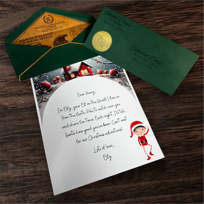 Your Elf’s Home letter with green envelope and wax seal