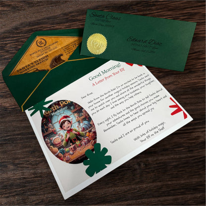 The Elf at Work letter with green enveloper and wax seal.