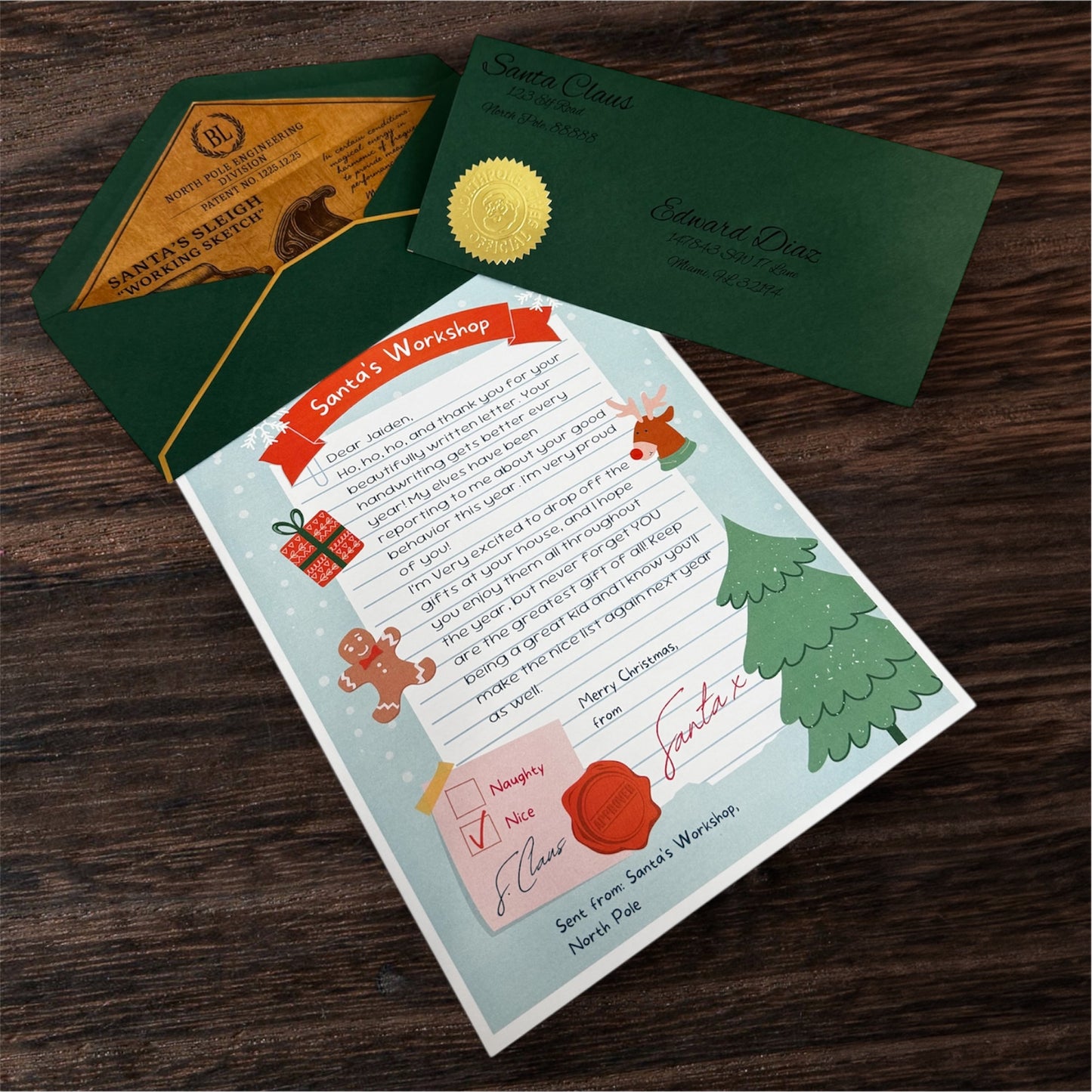 Santa’s Workshop Letter  with decorative green envelope