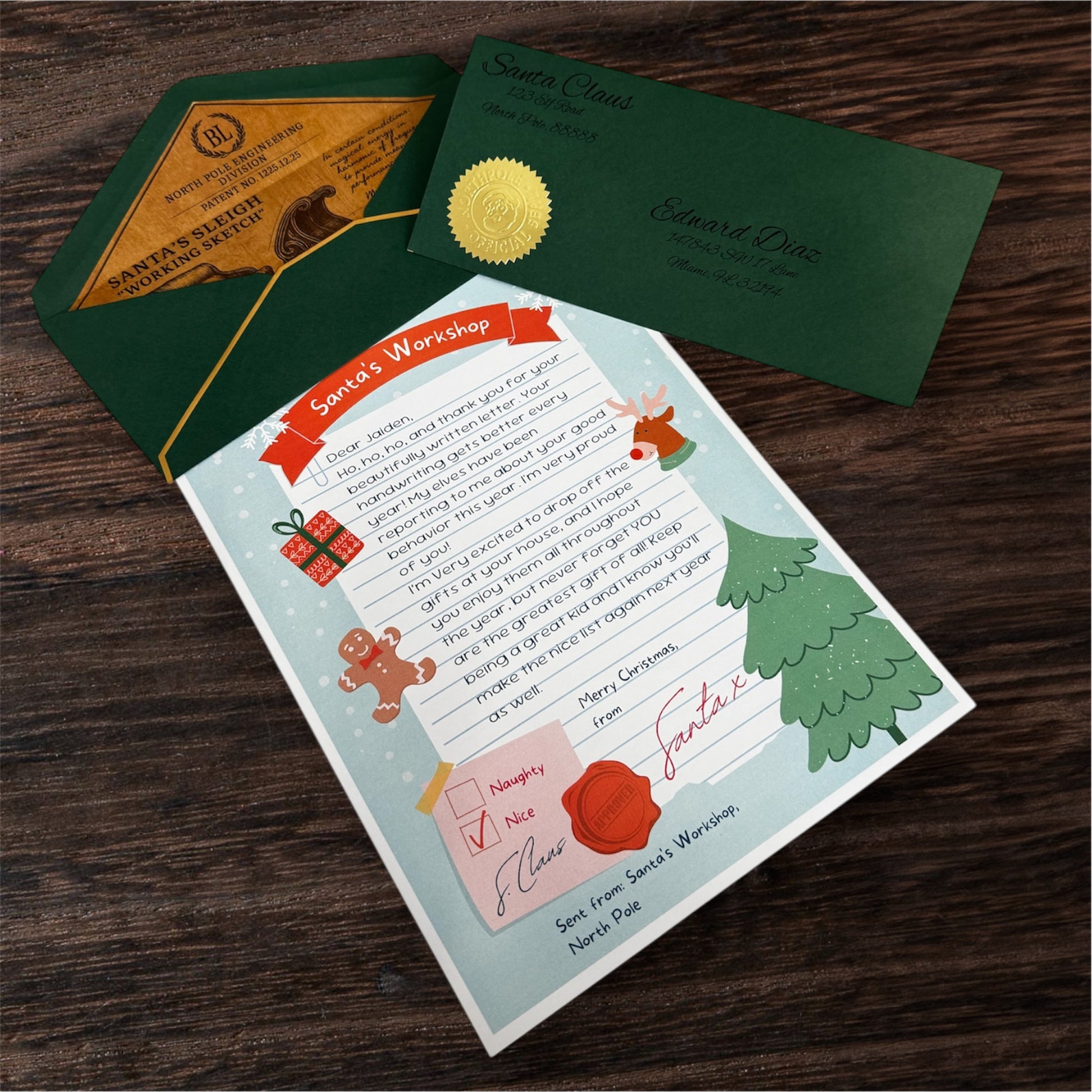 Santa’s Workshop Letter  with decorative green envelope