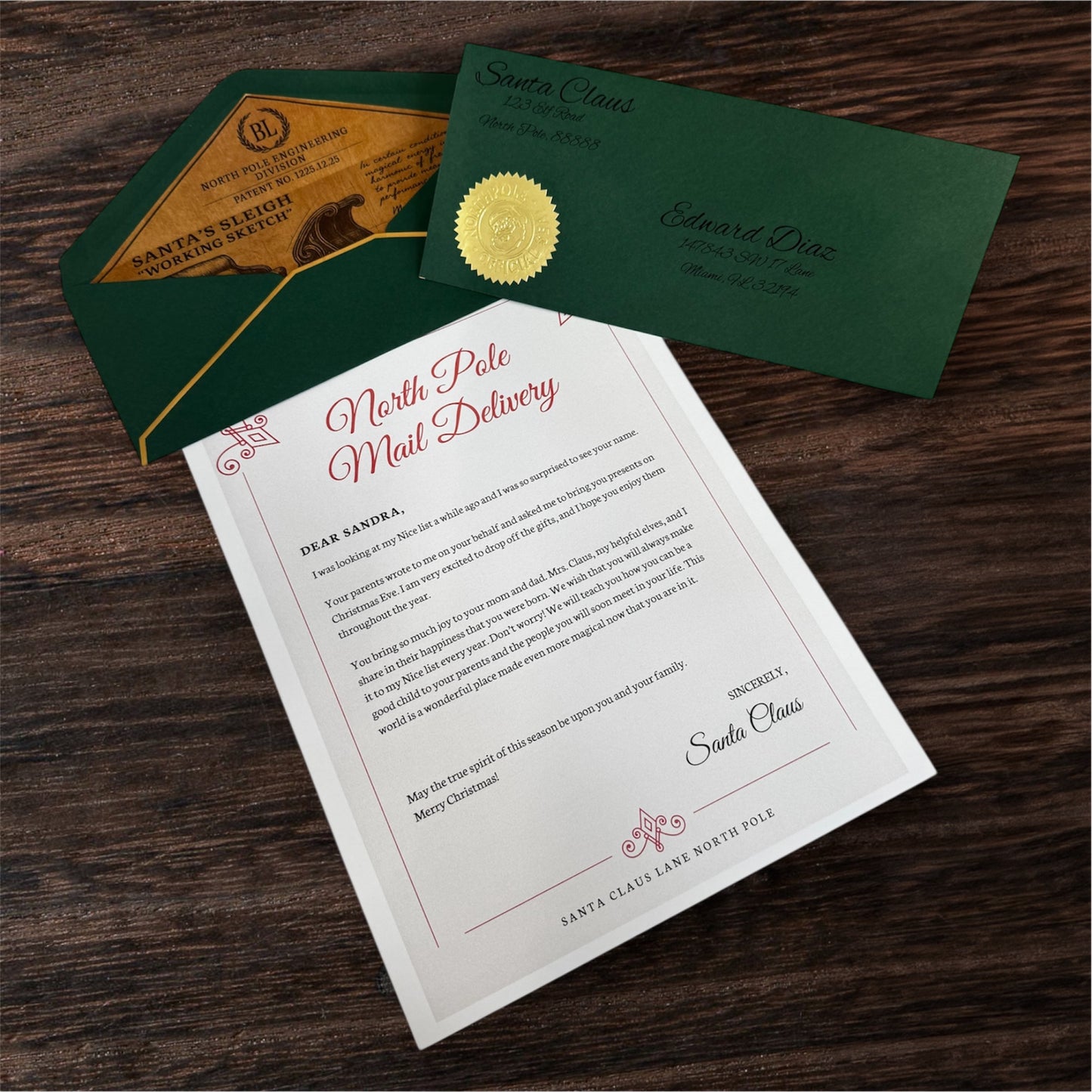 North Pole Mail Delivery letter with green envelope.