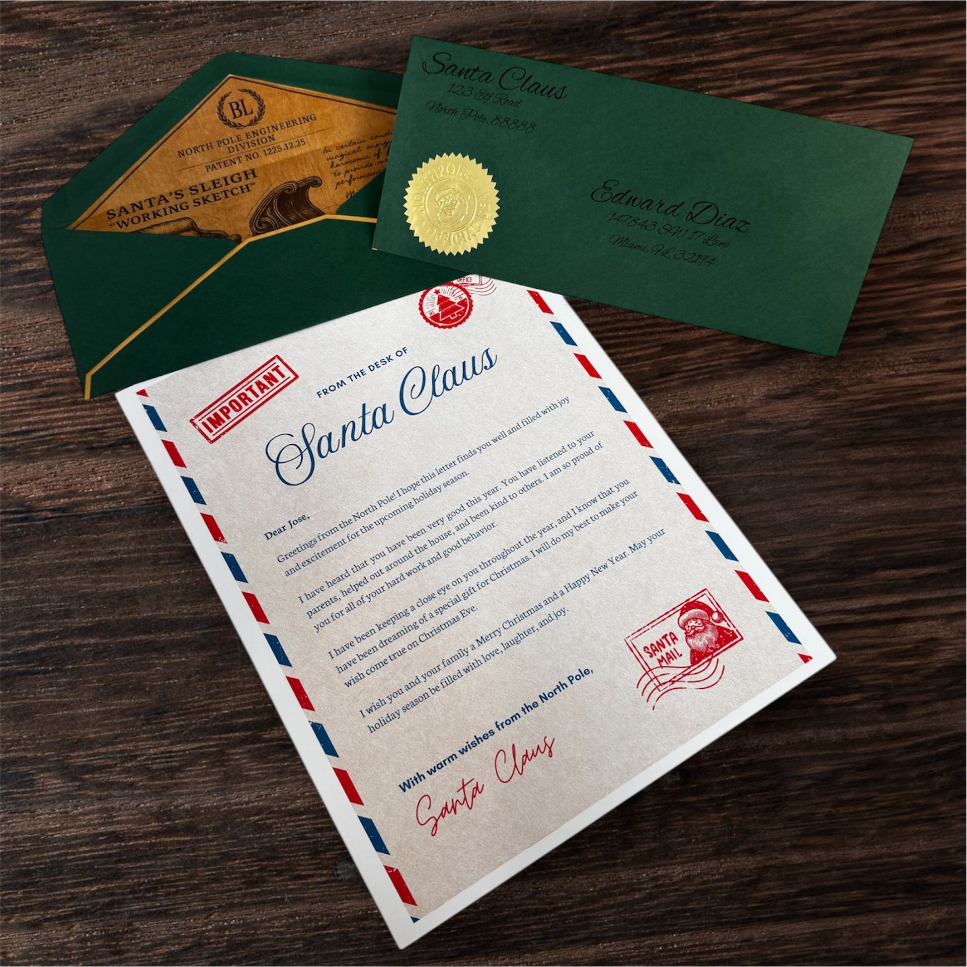 Gold tier- Important letter from santa claus with green envelope and wax seal