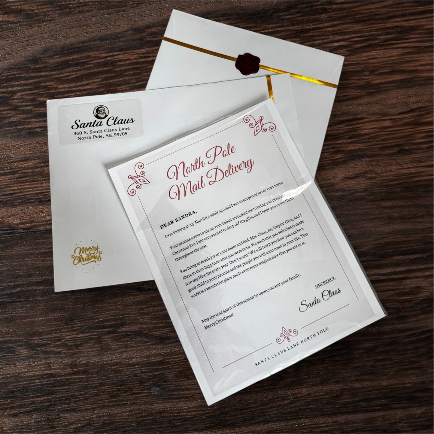North Pole Mail Delivery letter with a decorative envelope and premium card.