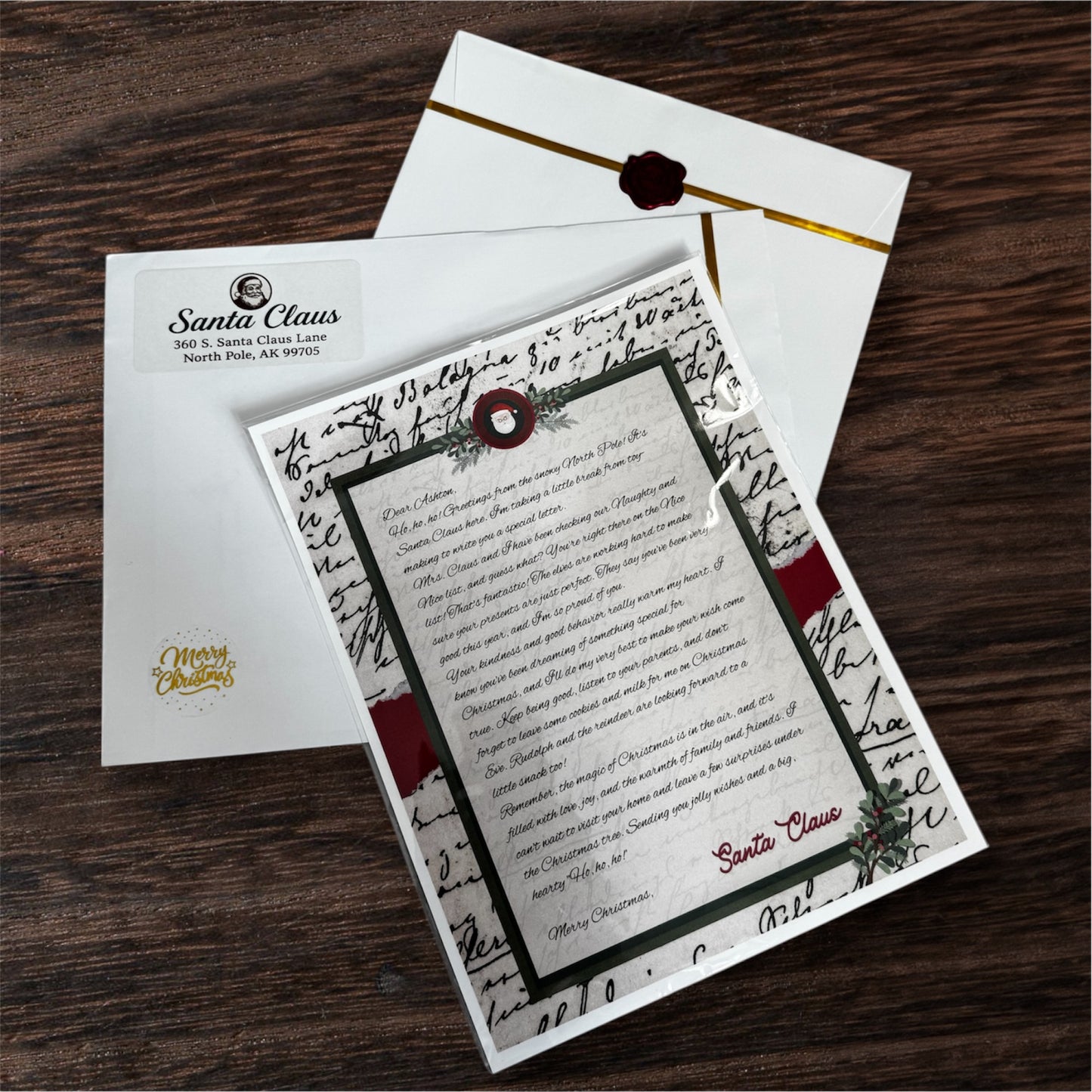 Santa’s Official Cursive Letter printed on premium cardstock.