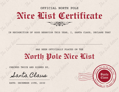 Old English Nice List Certificate with Santa Claus stamp on a textured background
