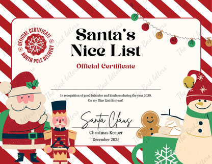 Santa's Nice List certificate with festive characters and red and white striped border