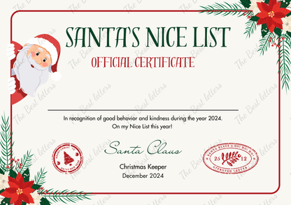 Peeking Santa’s Nice List Certificate Letter with decorative floral border.