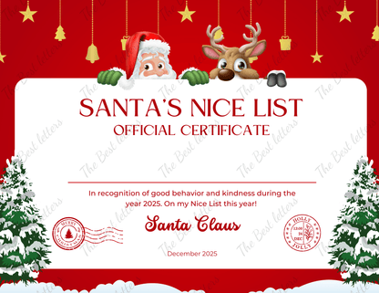 Santa’s Nice List Official Certificate with Santa and reindeer on a red background