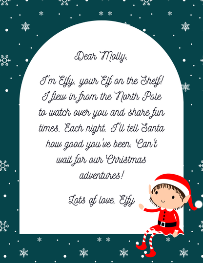 Teal Elf on the Shelf letter with snowflake background