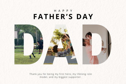 Personalized Father's Day letter with cut-out letters spelling 'DAD' and family photos.