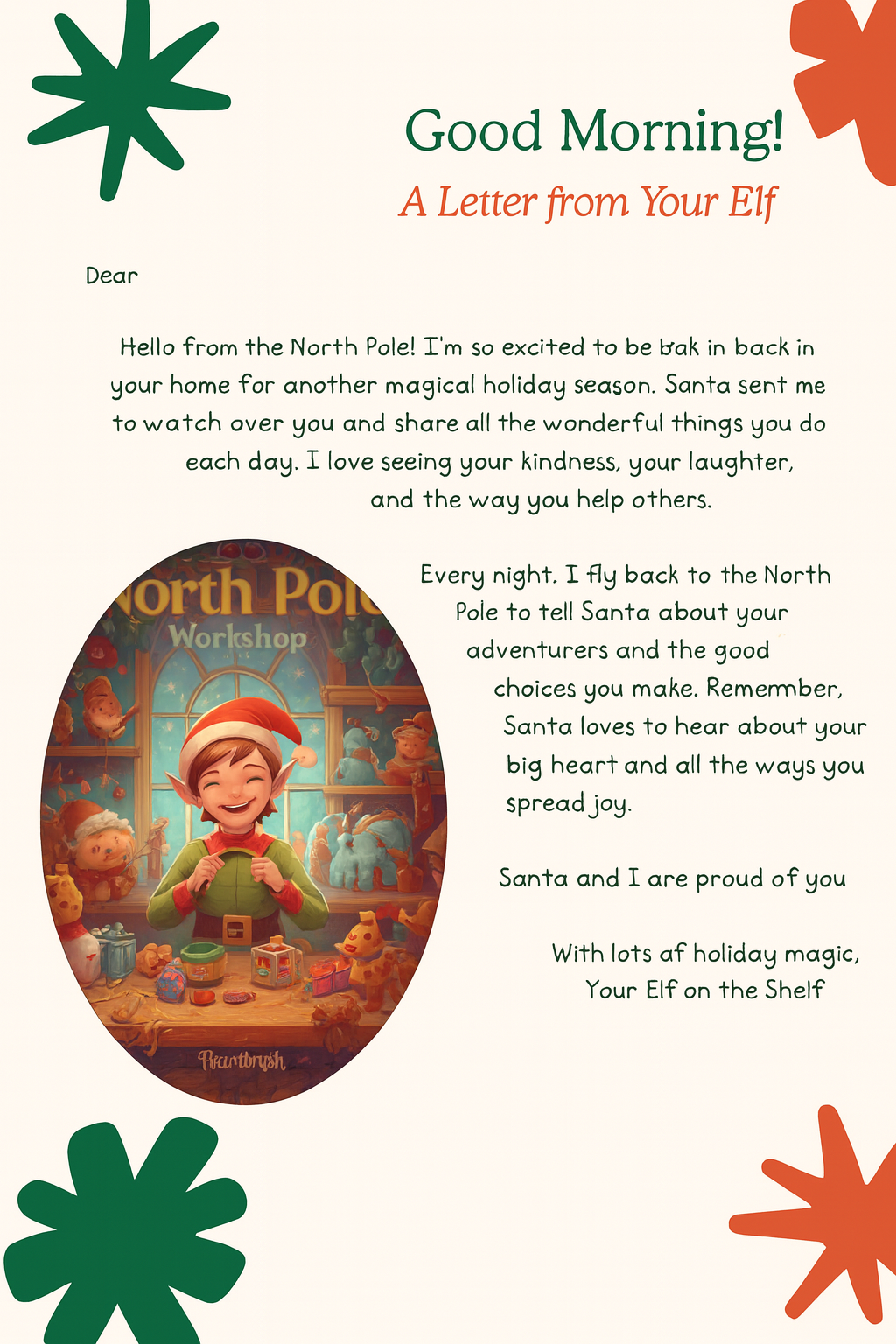The Elf at Work personalized letter with a North Pole workshop illustration and festive decorations.