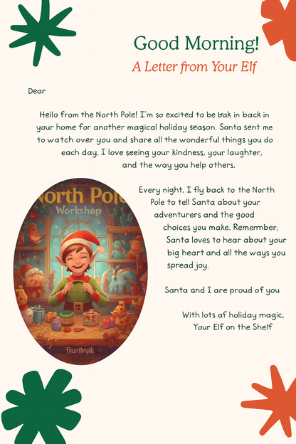 The Elf at Work personalized letter with a North Pole workshop illustration and festive decorations.